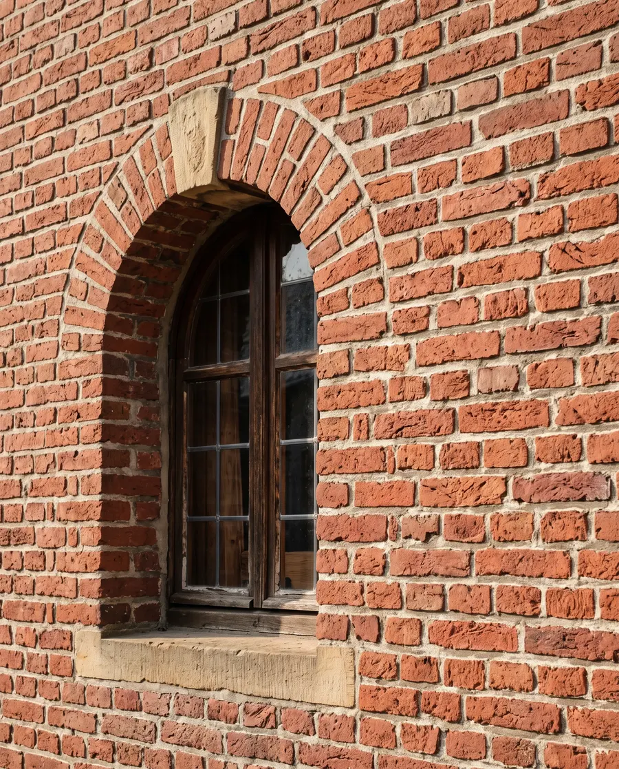 Boogvenster in een warme bakstenen gevel, typisch Limburgse architectuur