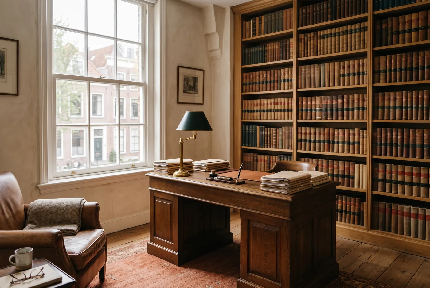 Sfeerbeeld van een warm, klassiek kantoorinterieur met boekenkast en bureau
