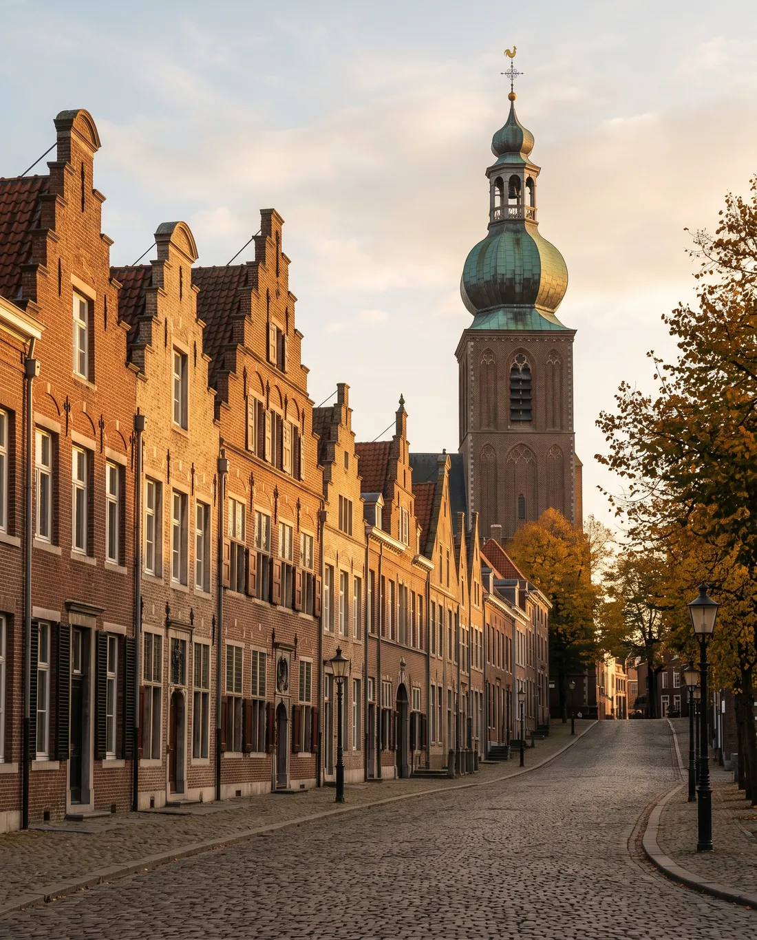 Historische gevels en de Petruskerk in het centrum van Sittard in avondlicht